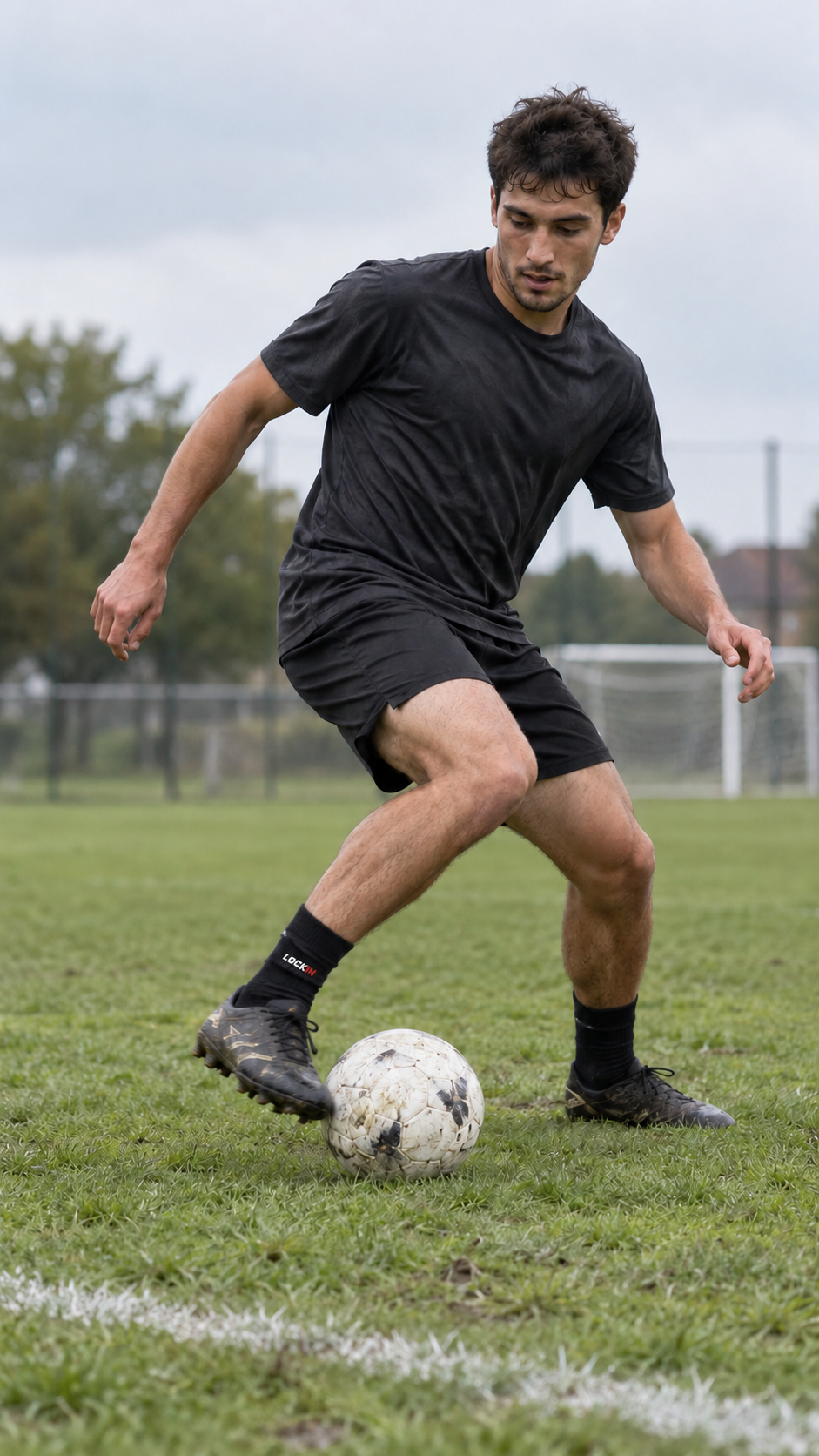 Illustrative adult soccer player cutting across a grass practice pitch in black crew socks and cleats