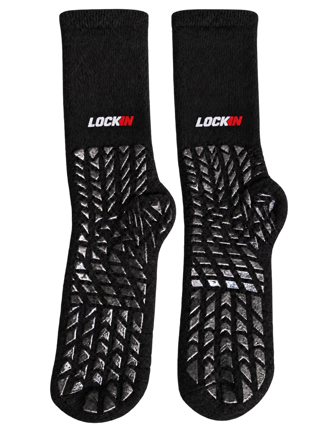 Studio concept of the black LOCK IN crew sock pair on a light-gray background